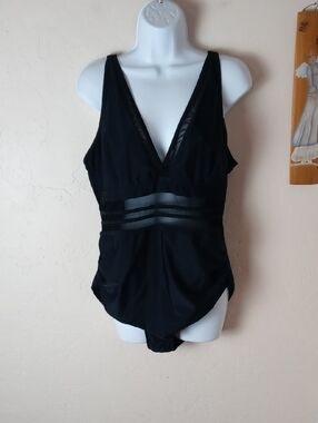 Black One-Piece V-Neck Swimsuit with Sheer Waistband